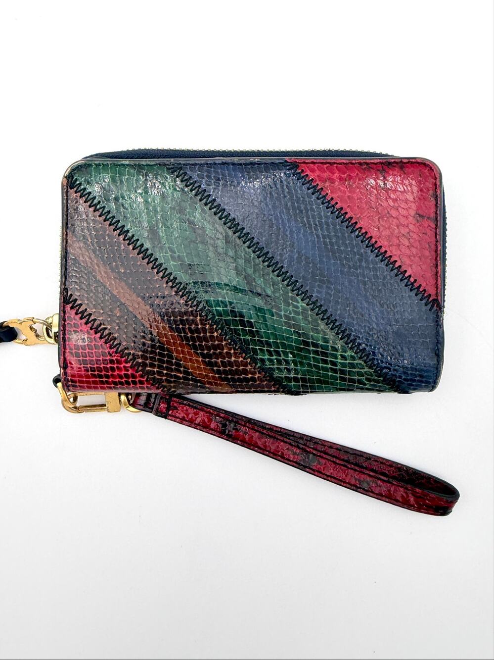 Tory Burch Gemini Zip Around Wallet Snake Embossed Navy Blue Burgundy Stripe